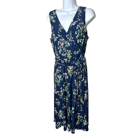 Lauren Ralph Lauren Womens Faux Wrap Blue Floral Dress Sz 12P Flowy Vacation - Picture 1 of 10